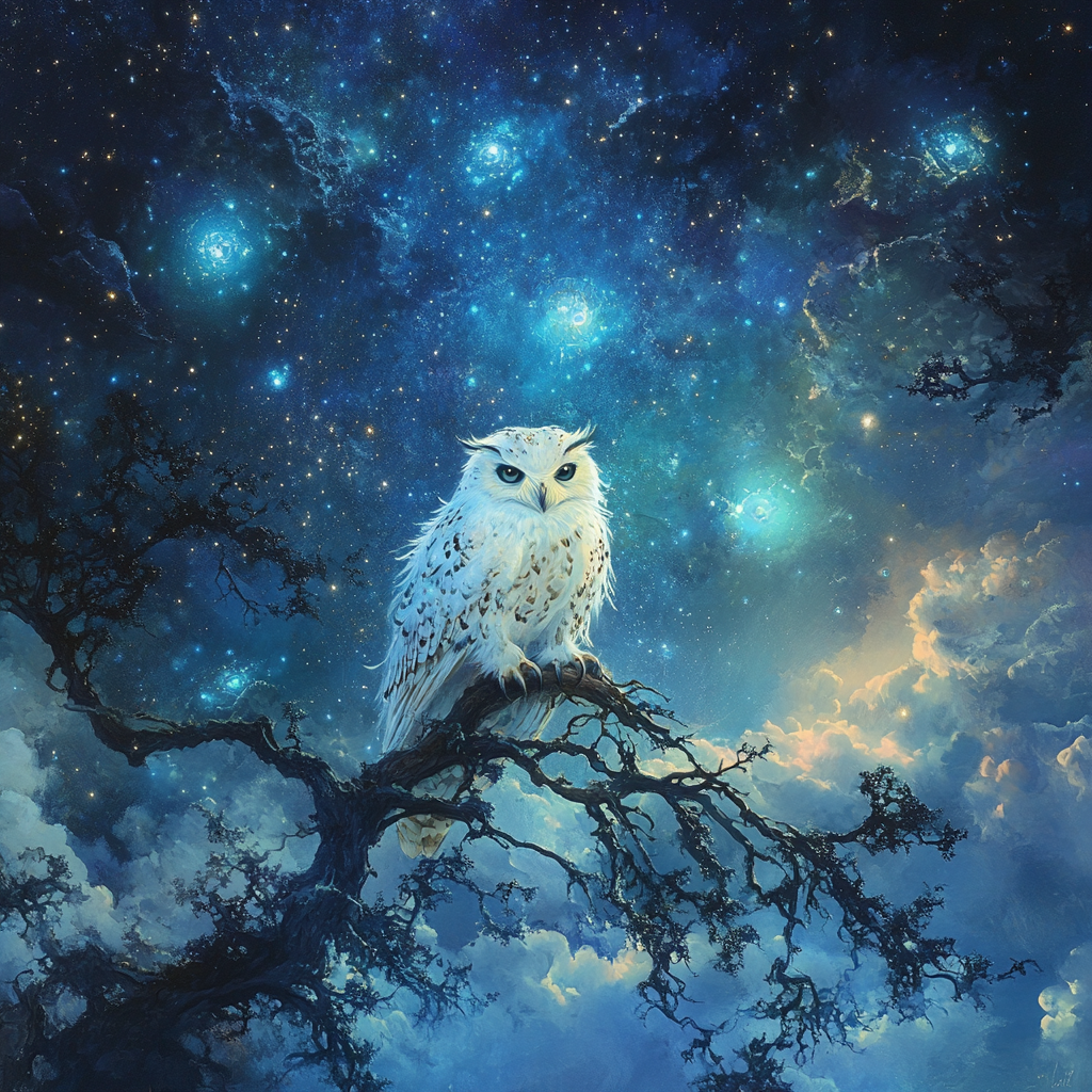 An Owl on a Branch Under Starry Sky