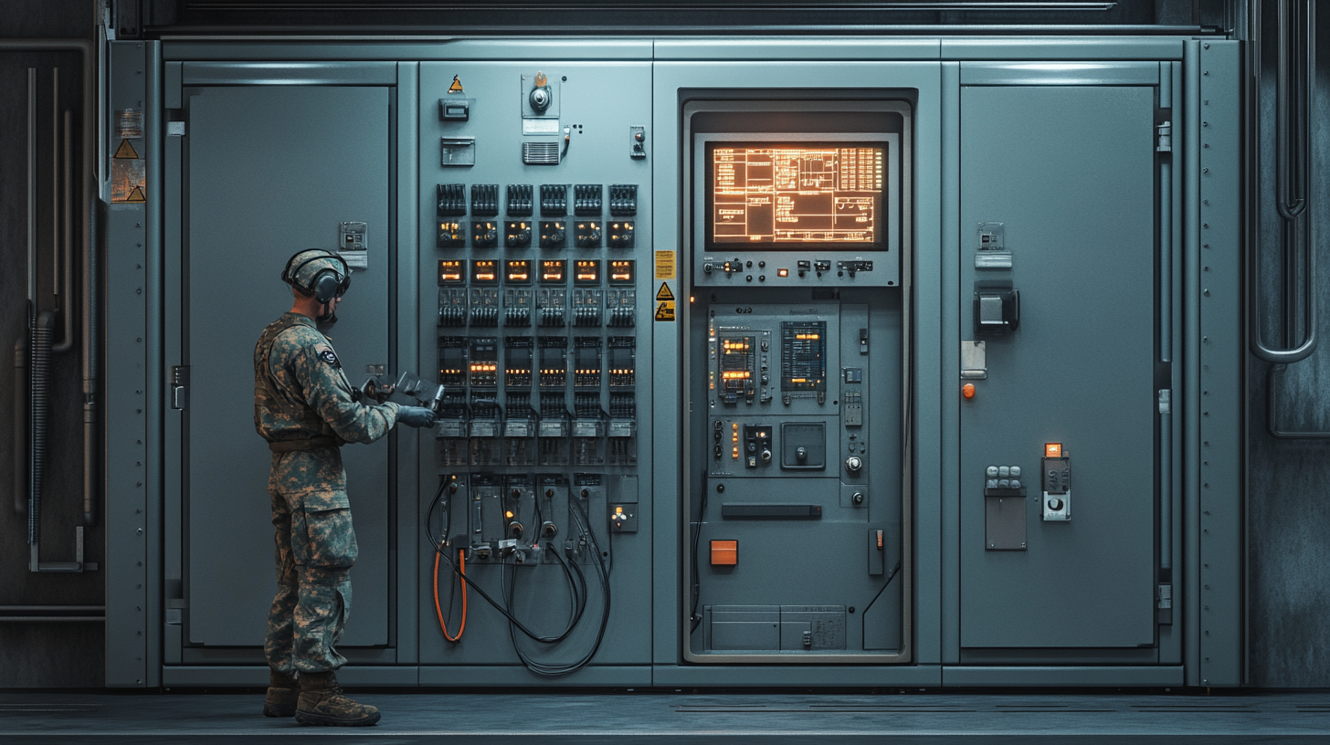 An US soldier fixing electrical cabinet in 8K.