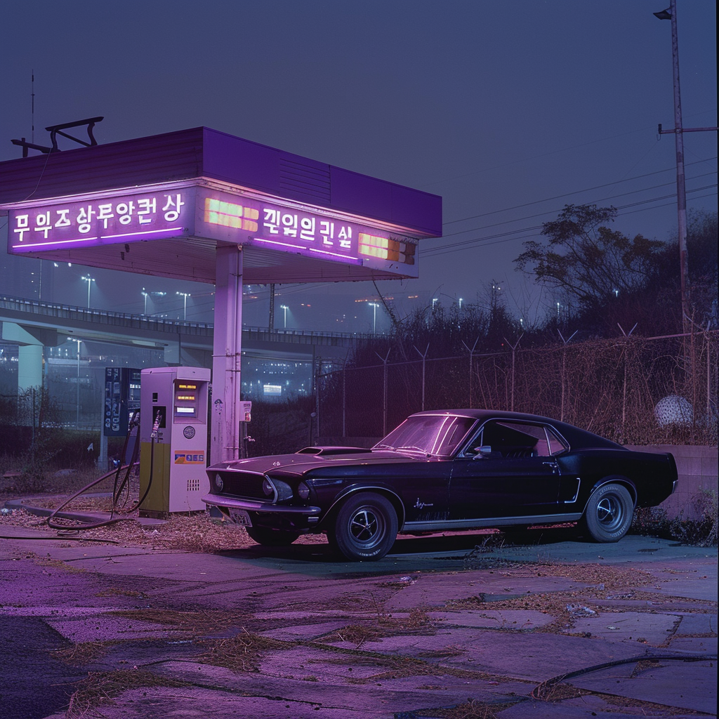 An abandoned petrol station in Seoul at night