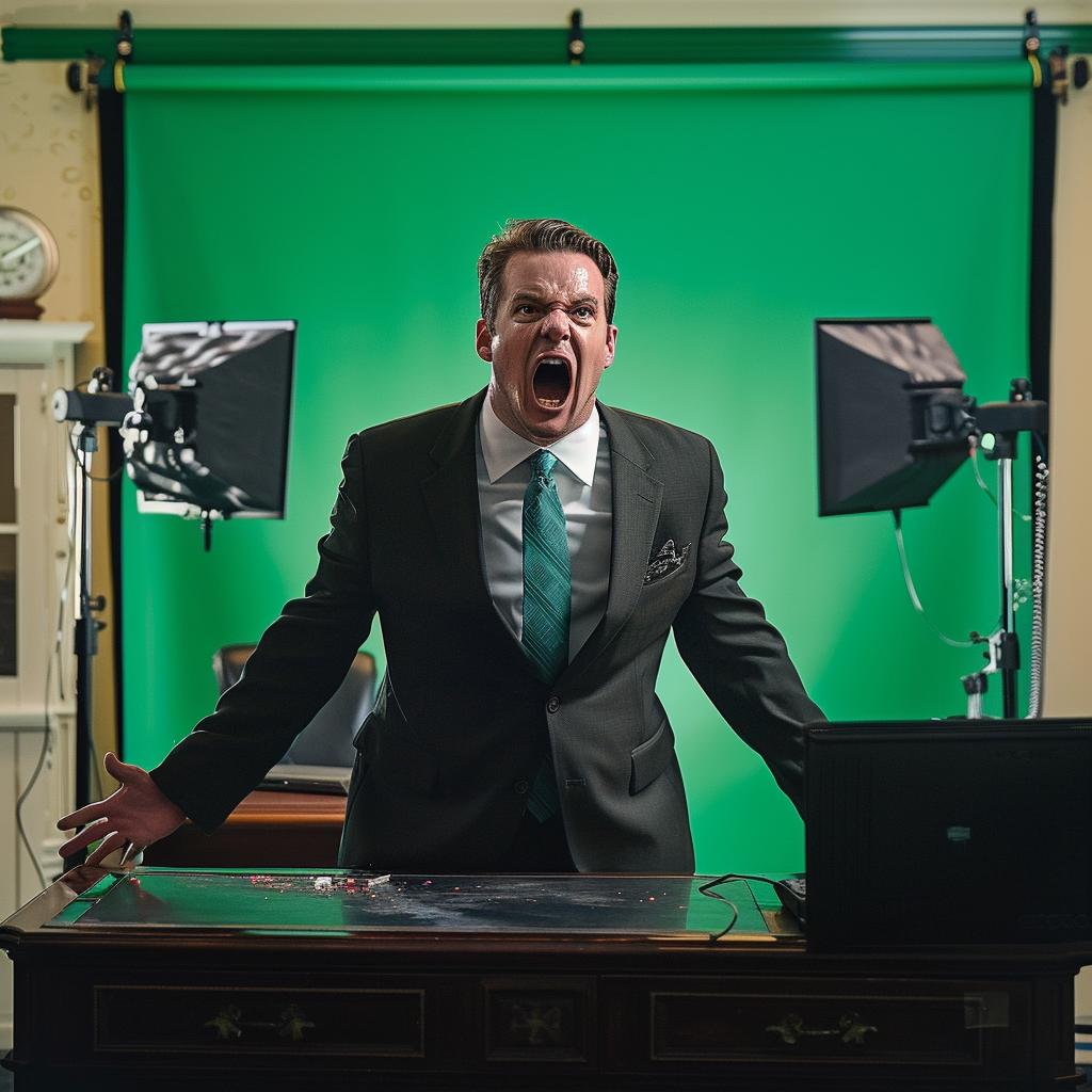 An actor yells at green screen in lawyer’s office