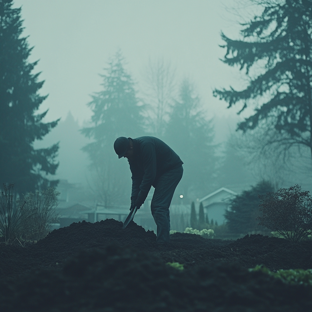 An adult man digging a grave outside.