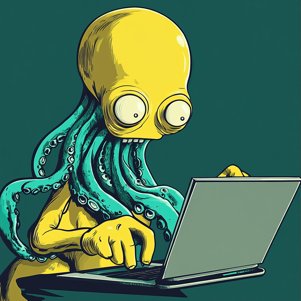 An alien with tentacles using laptop cartoon character.