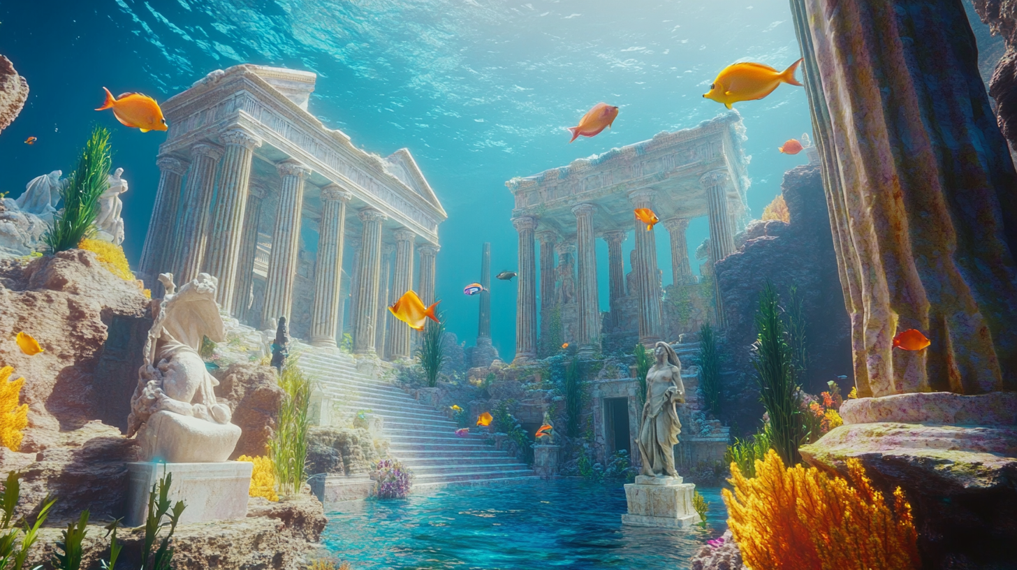 An ancient underwater Greek city with vibrant marine life