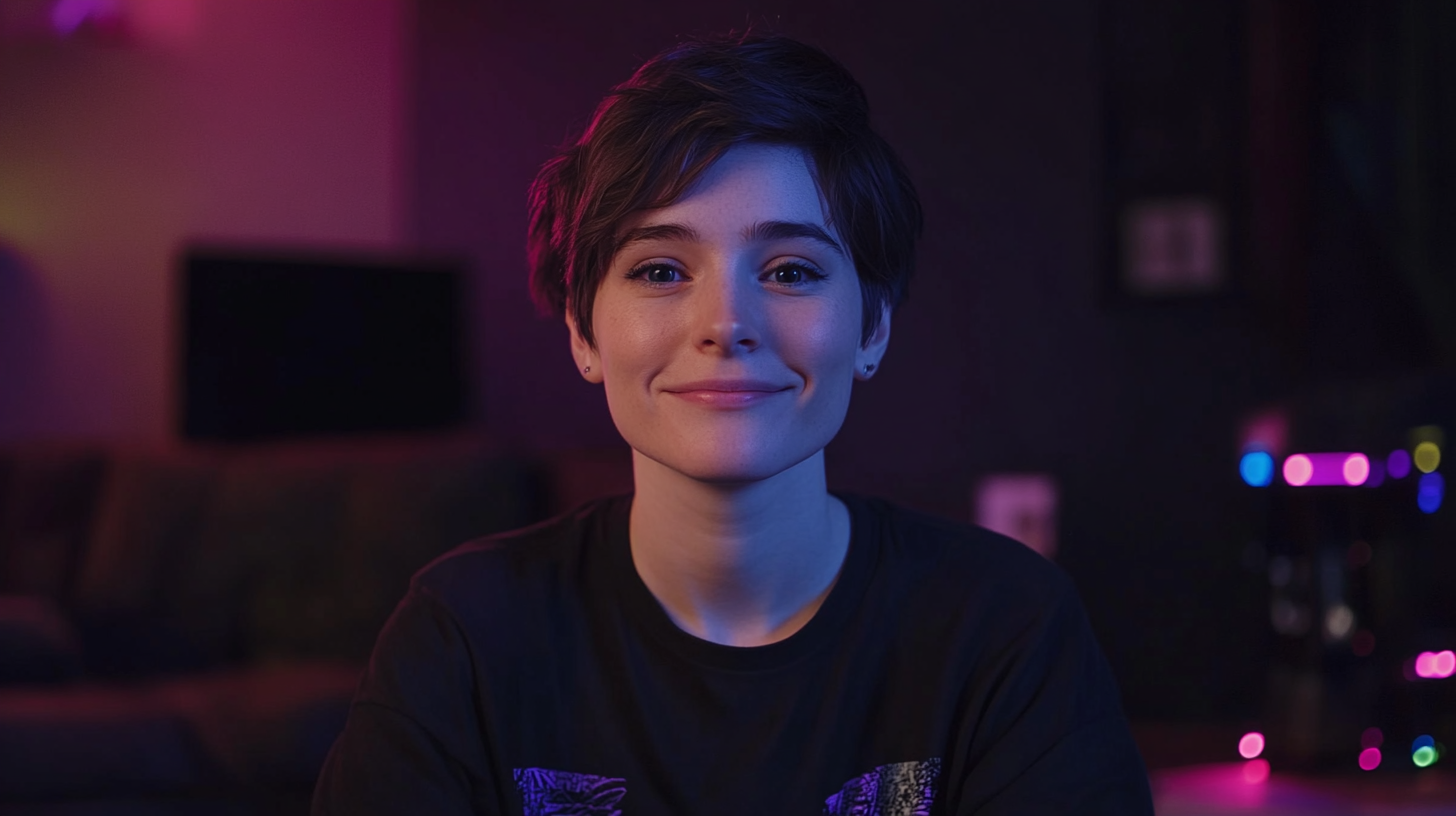 An androgynous gamer smiling on Twitch stream.