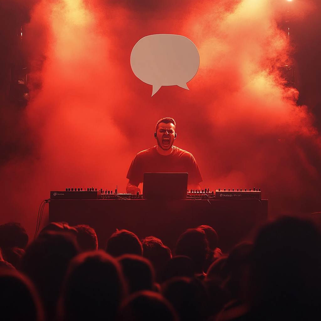 An angry DJ with laptop on concert stage