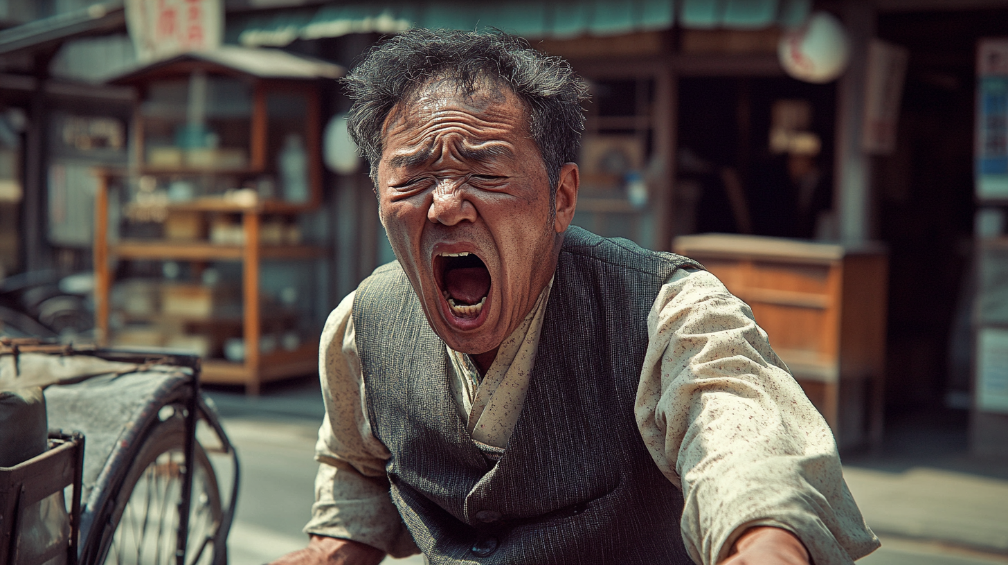 An angry Japanese man yells in front of store