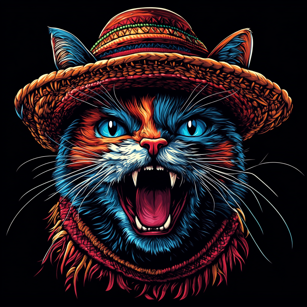 An angry cat in a bright hat on shirt