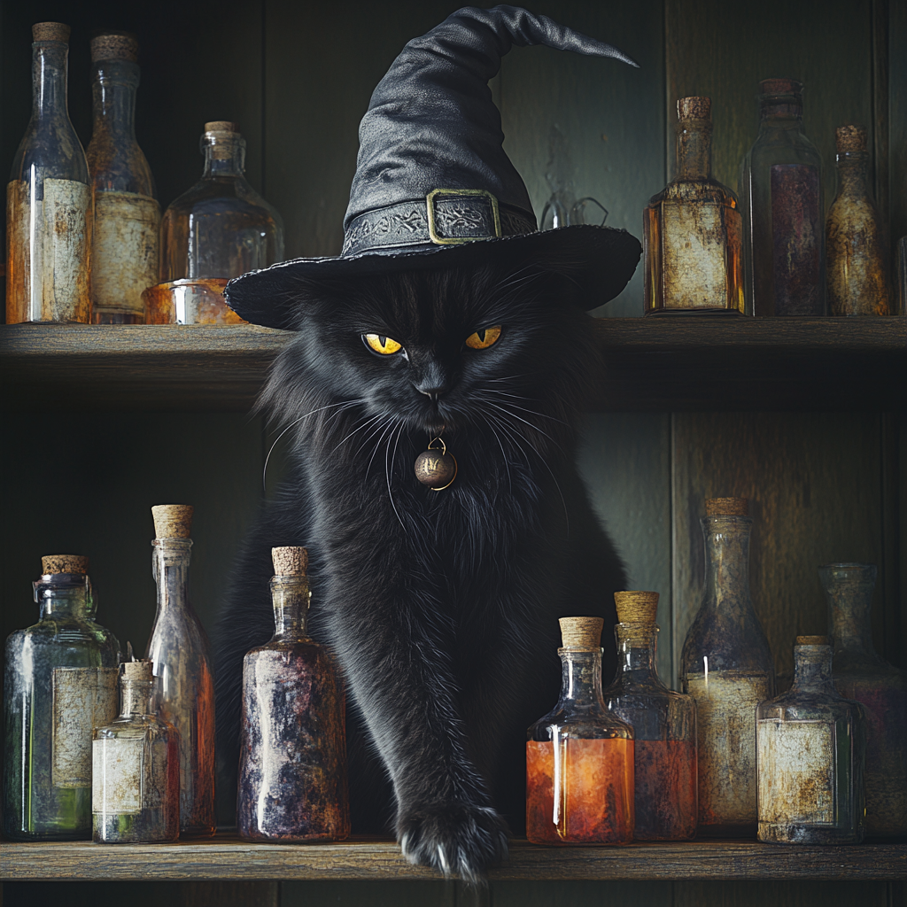 An angry cat in witch hat surrounded by potions