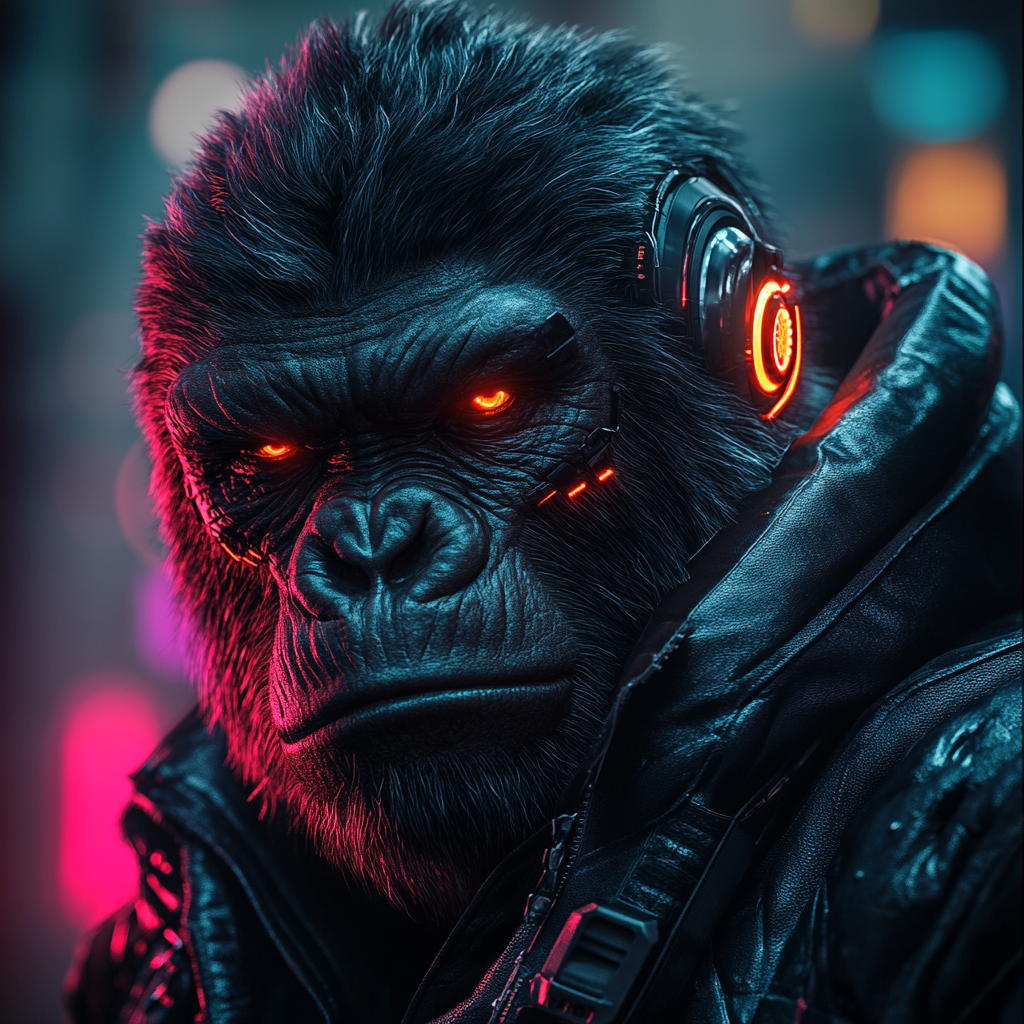 An angry cyborg gorilla with futuristic energy.