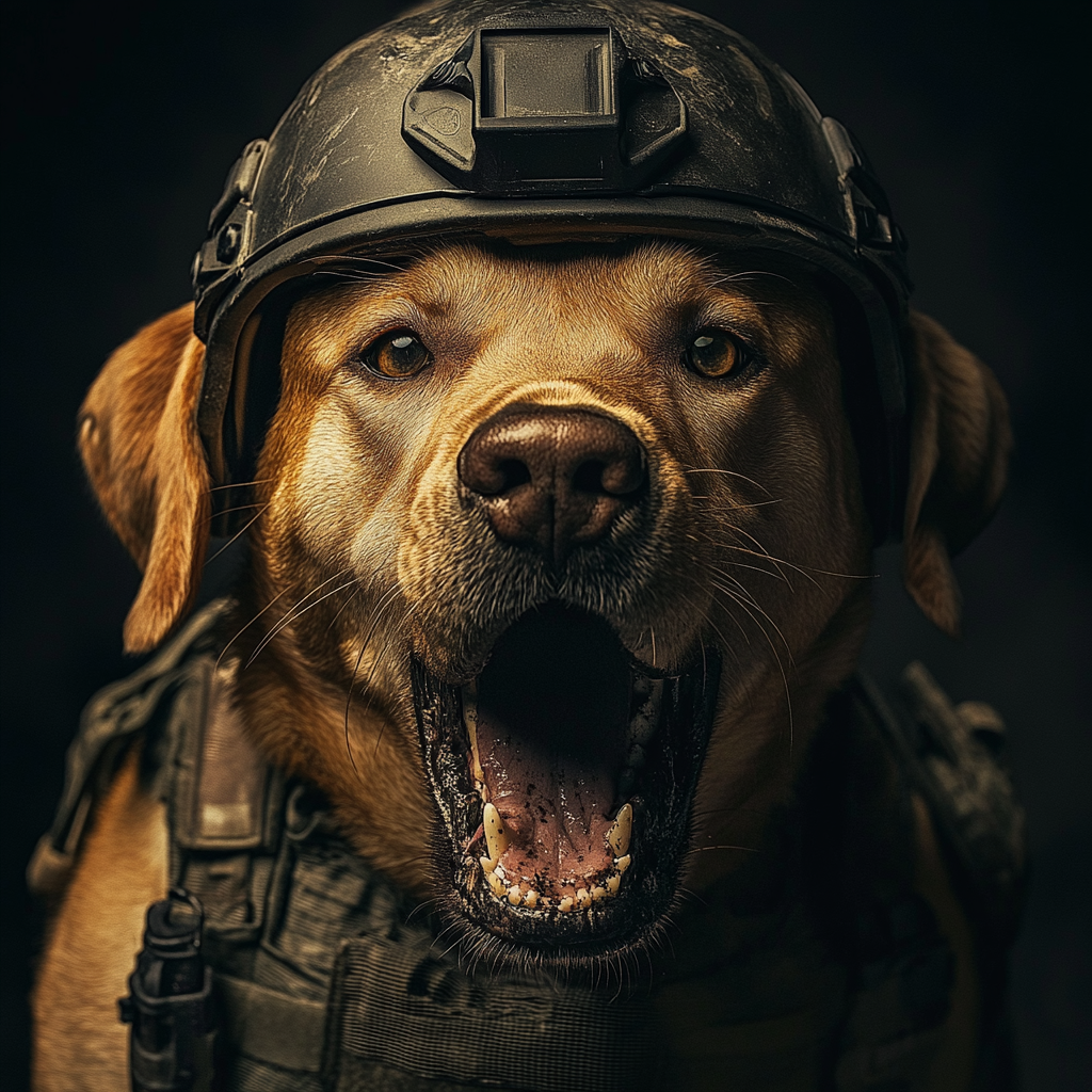 An angry dog in a military outfit