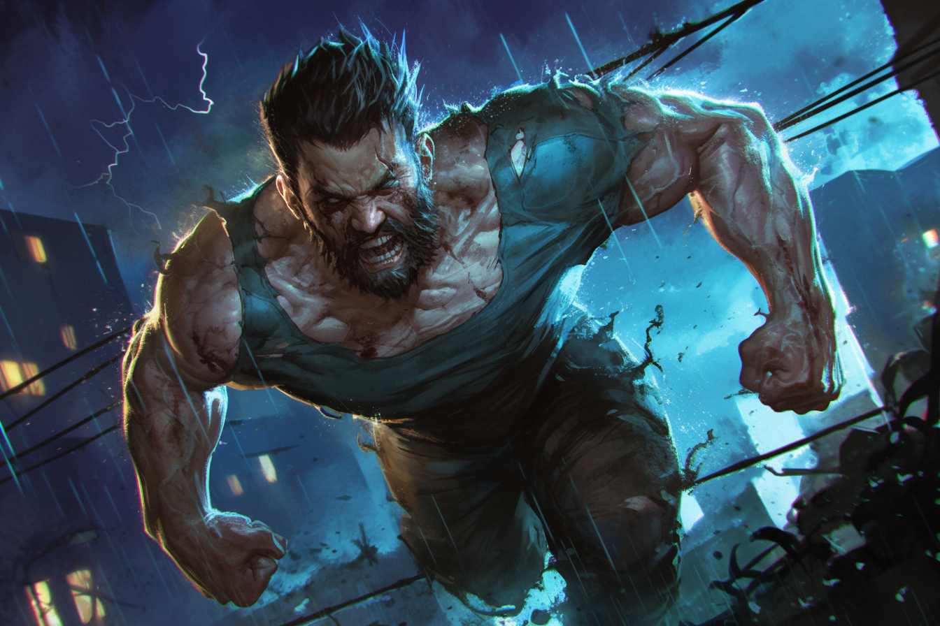 An angry man jumping in dark stormy town art.