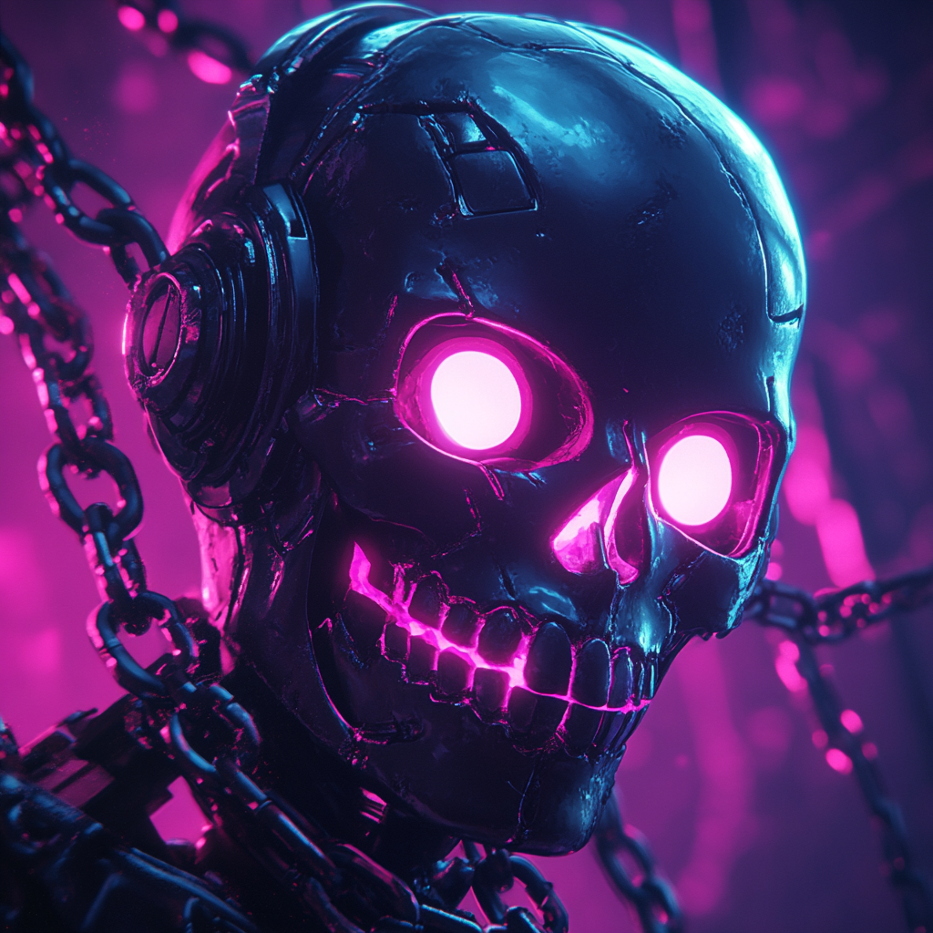 An anime-style cyberpunk skull with white eyes.