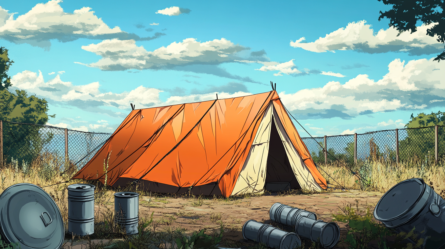 An anime-style tent with alarm surrounded by obstacles