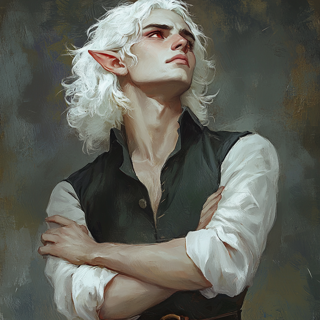 An annoyed male elf with white hair & red eyes.