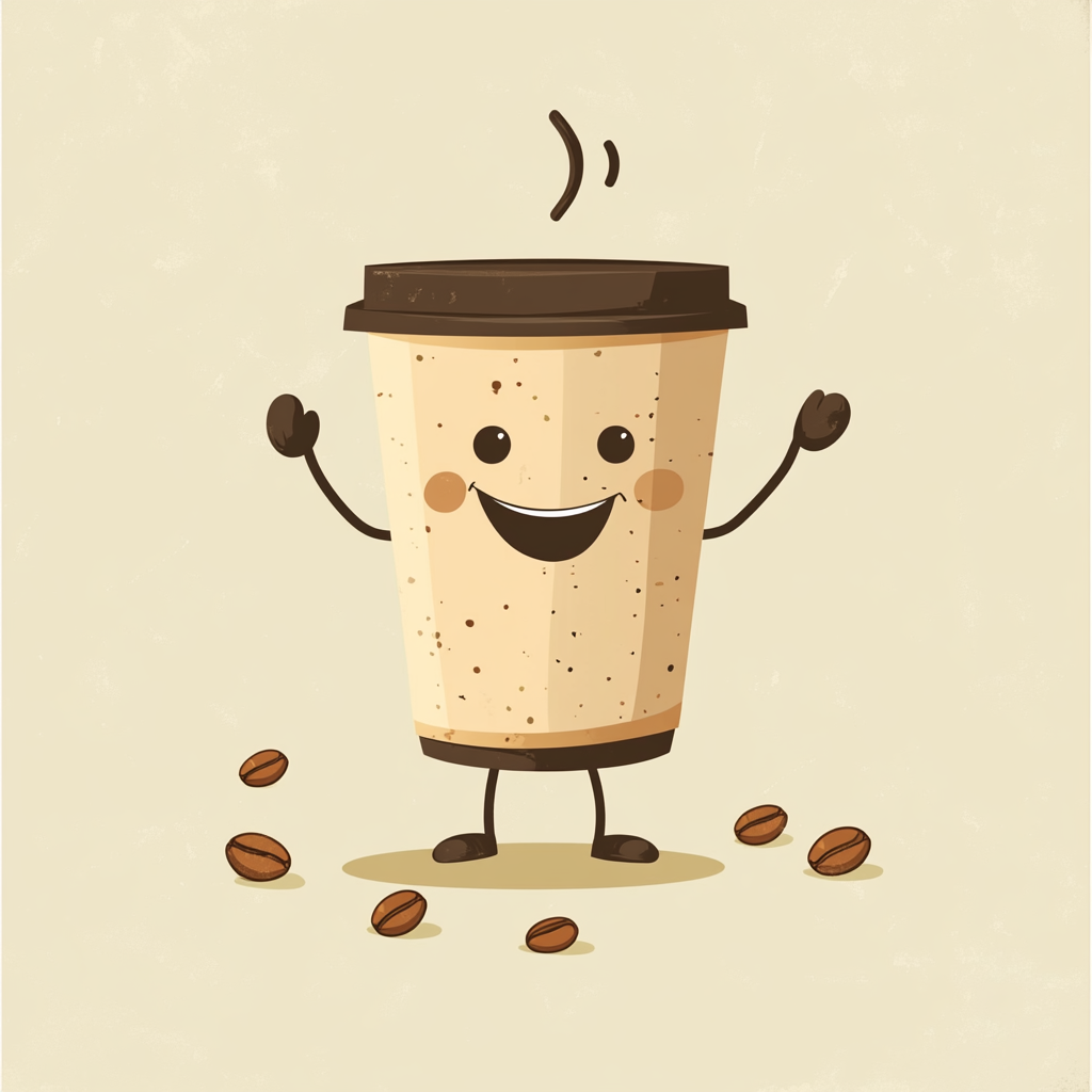 An anthropomorphic coffee cup surrounded by coffee beans illustration.