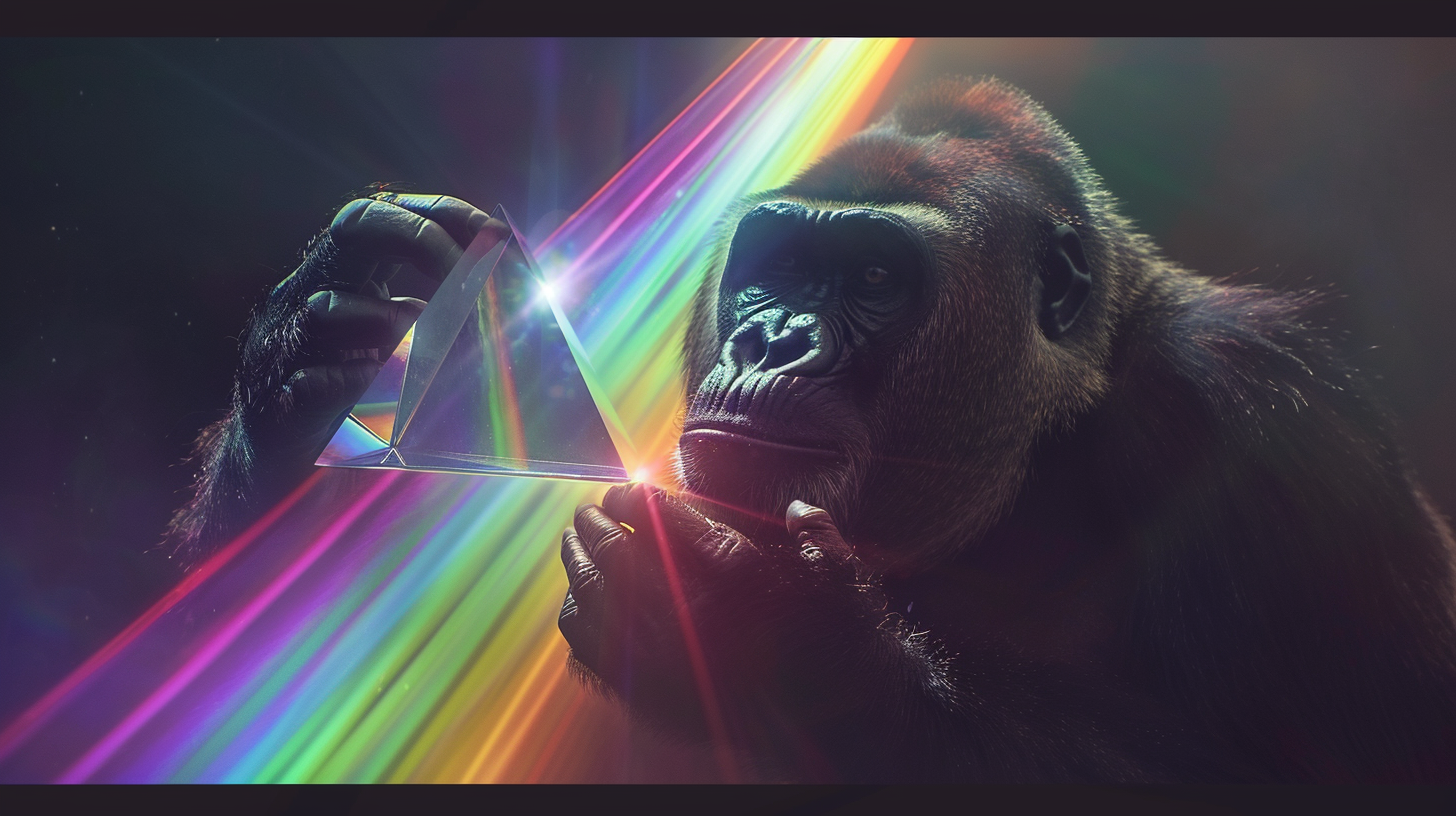 An ape with colorful light prism.