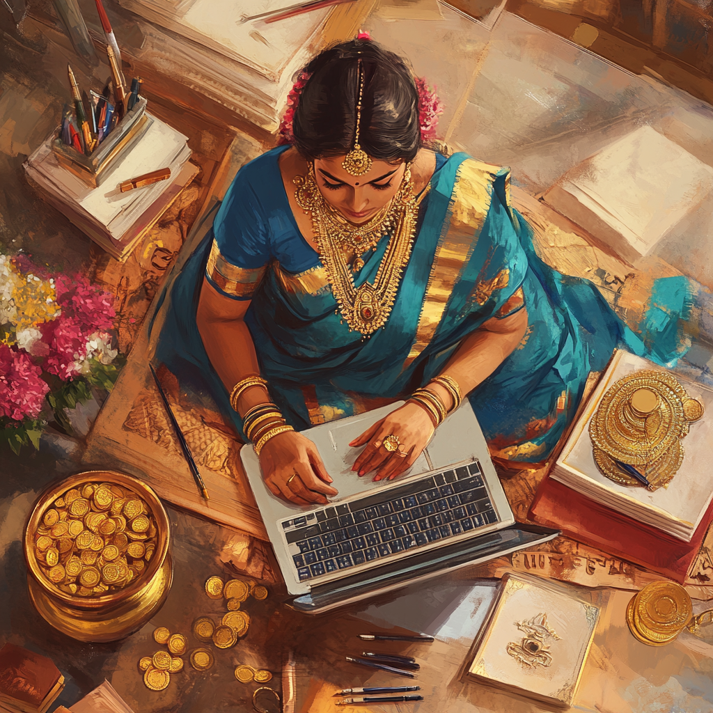 An artist painting Goddess Lakshmi on laptop