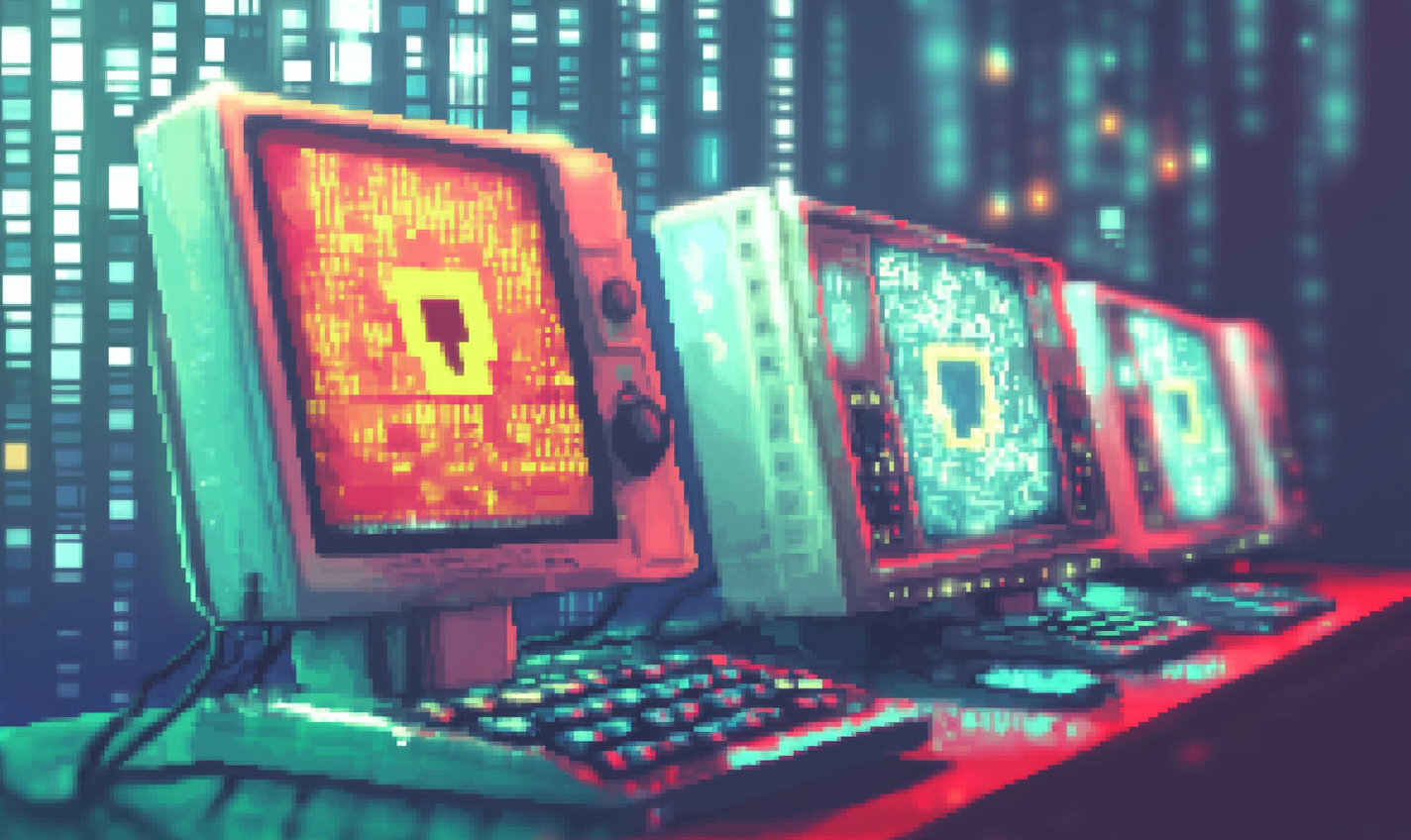 An artistic, colorful retro pixel art illustrating cybersecurity.