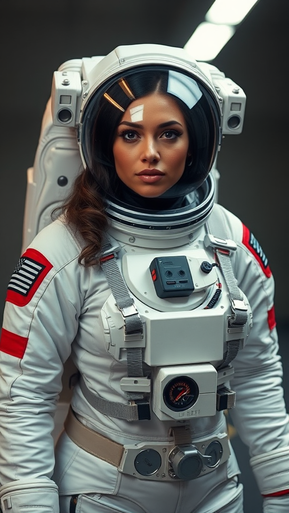 An astronaut with tan skin is curvy in the suit.