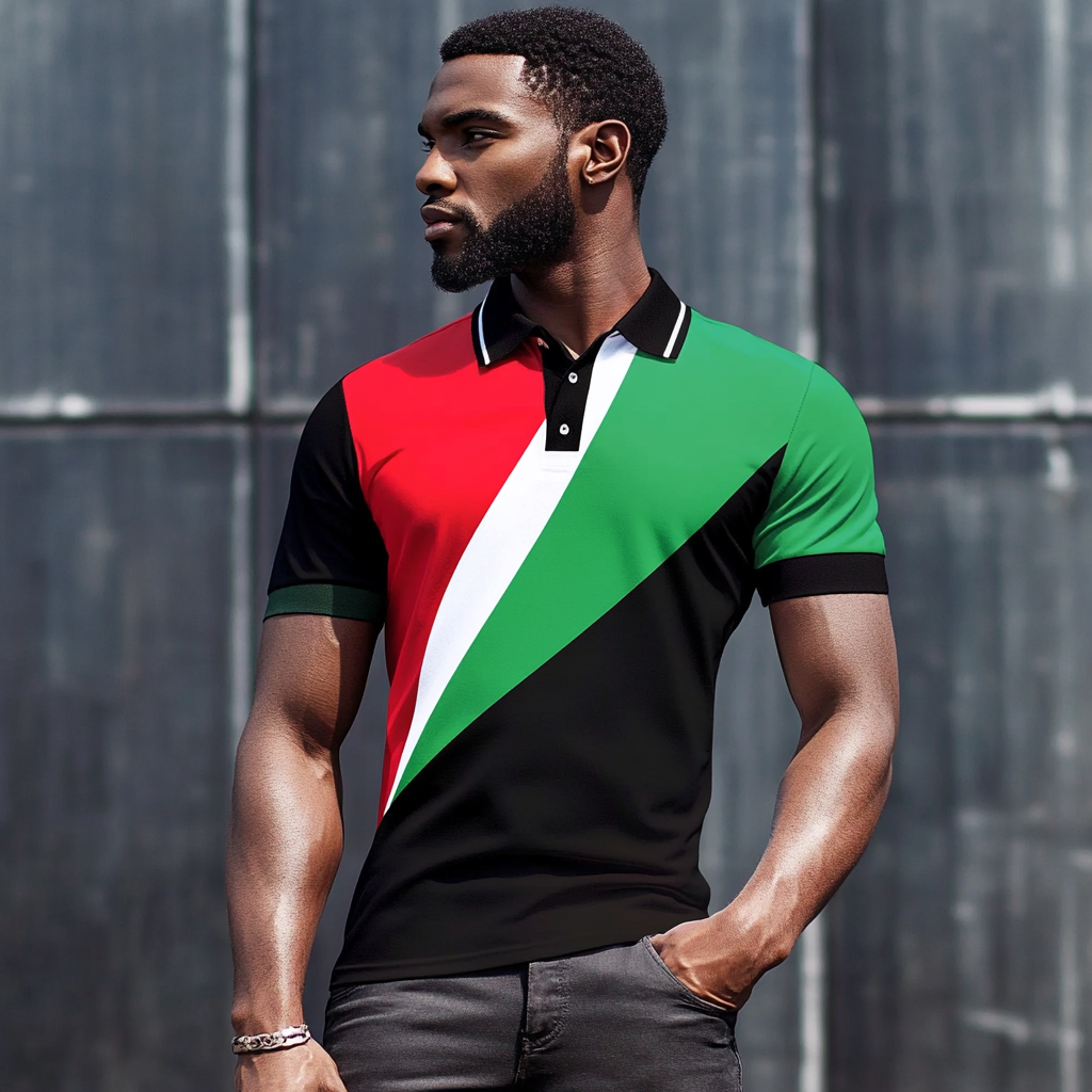 An athletic black man wearing a flag-print polo shirt.