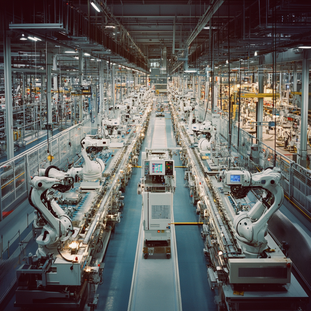 An automated industrial production line with robotic arms.