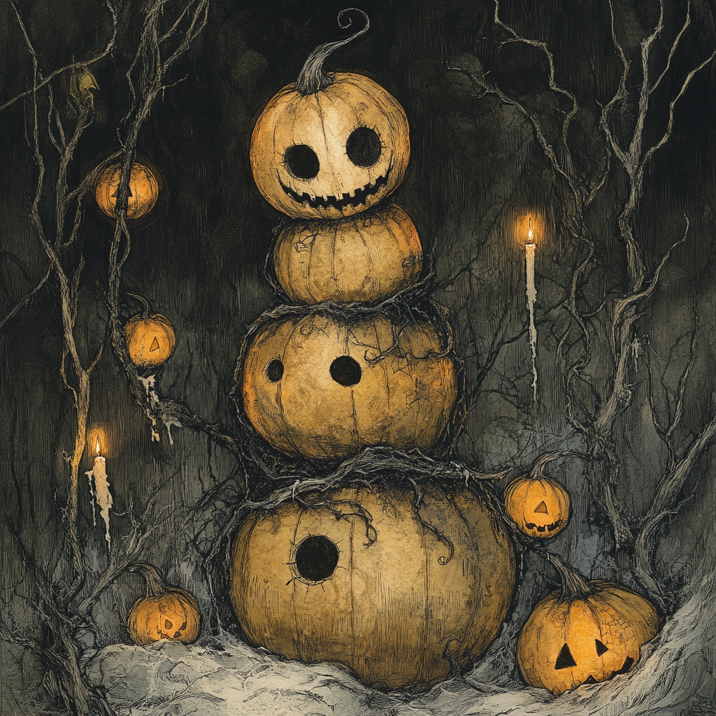 An eerie, gothic pumpkin character surrounded by darkness