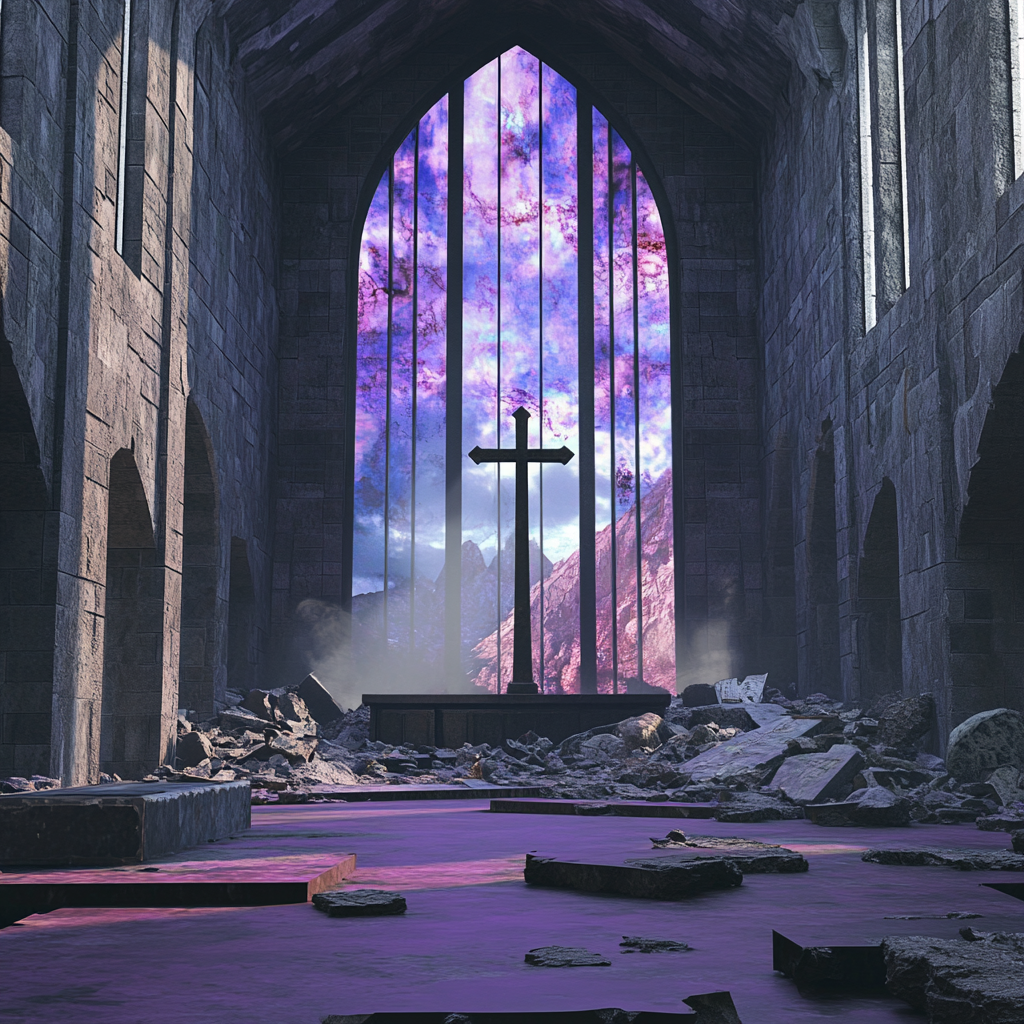 An eerie cathedral interior with broken cross.