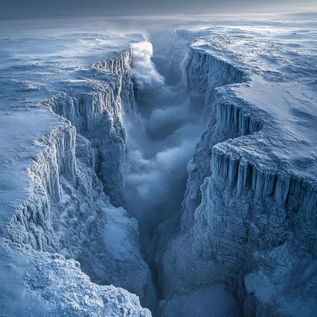 An eerie frozen wasteland in a deep canyon.