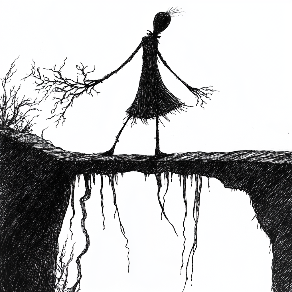 An eerie marionette crosses fragile bridge in solitude.