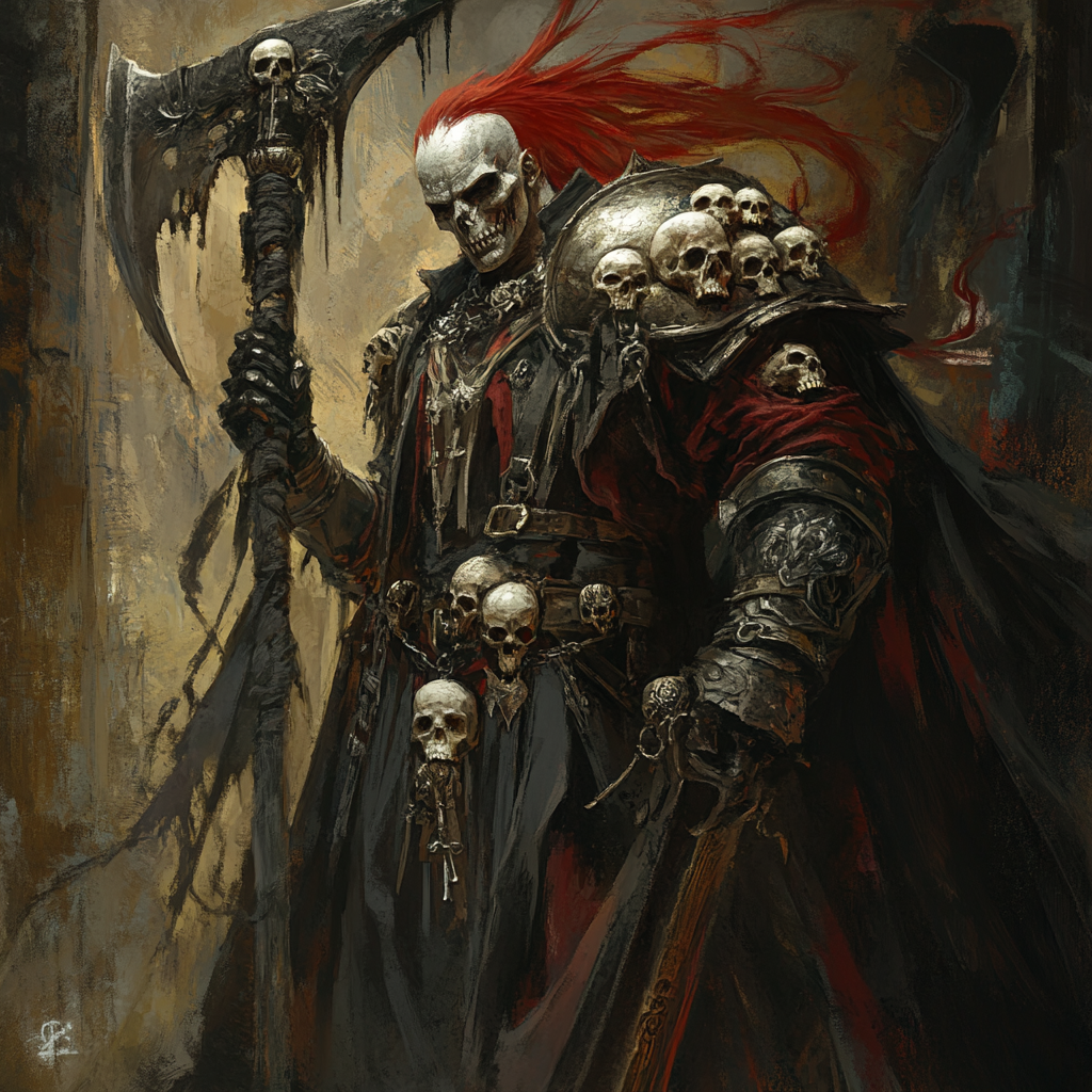 An eerie necromancer with red hair and scythe.