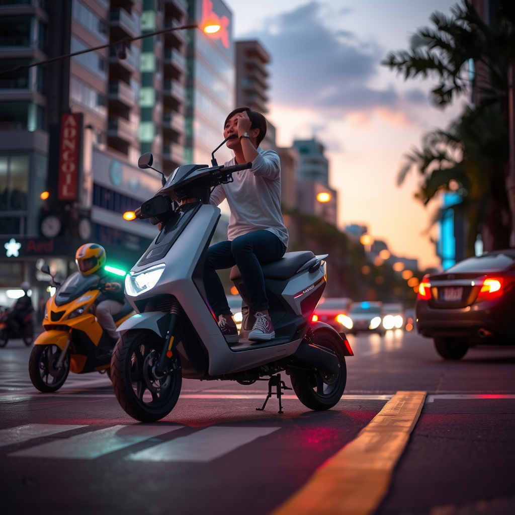 An electric scooter on a quiet evening road.