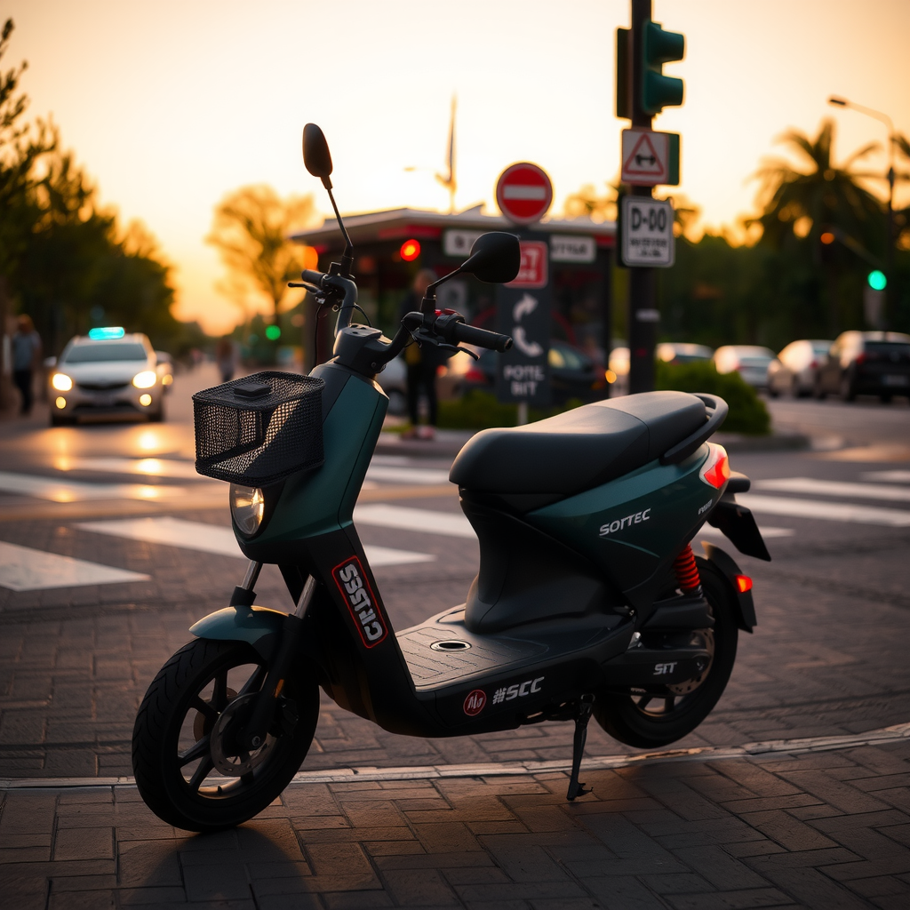 An electric scooter on the evening street.