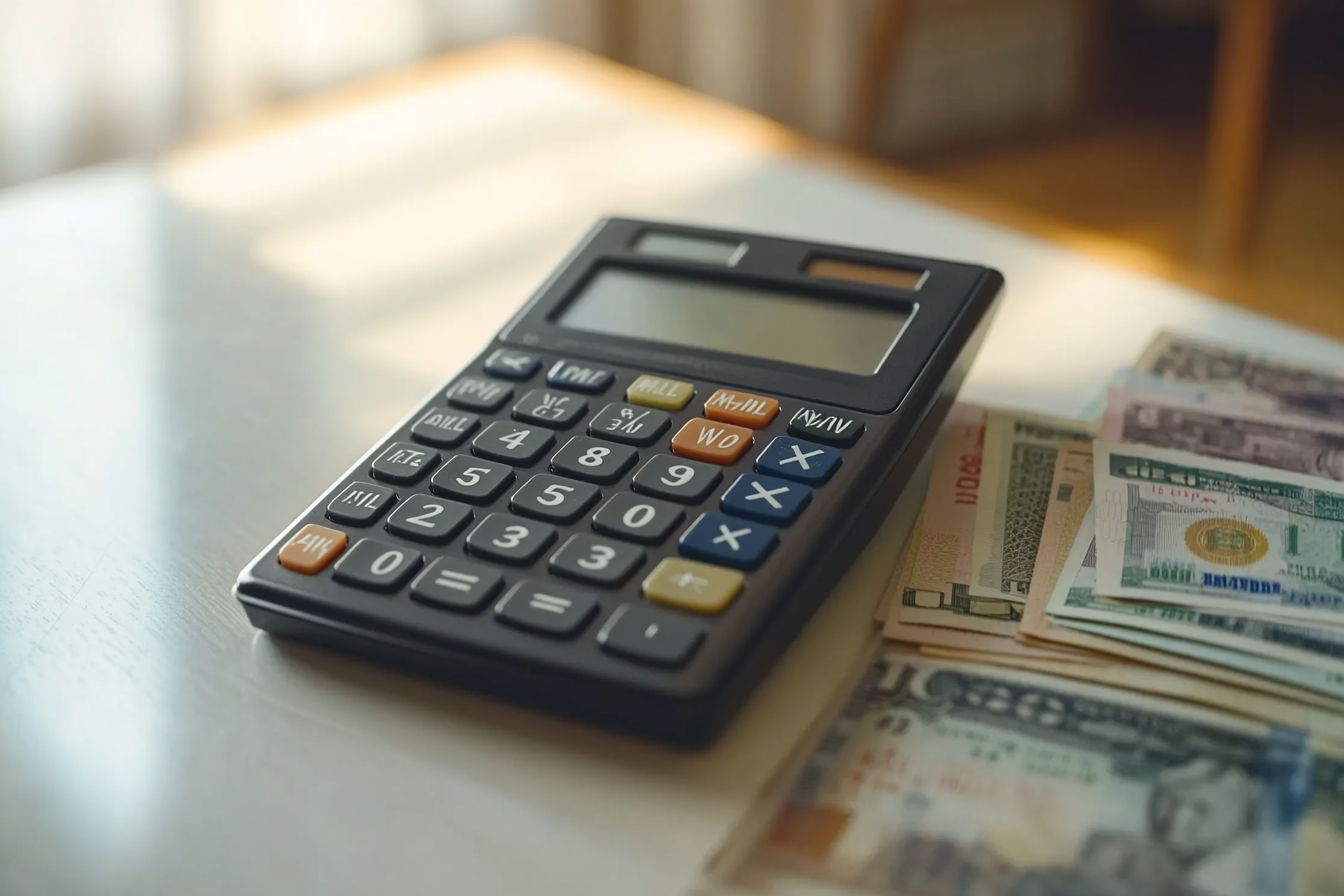 An elegant calculator and currency on clean desk