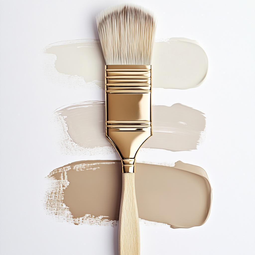 An elegant gold-handled paintbrush spills smooth coffee-colored tones.