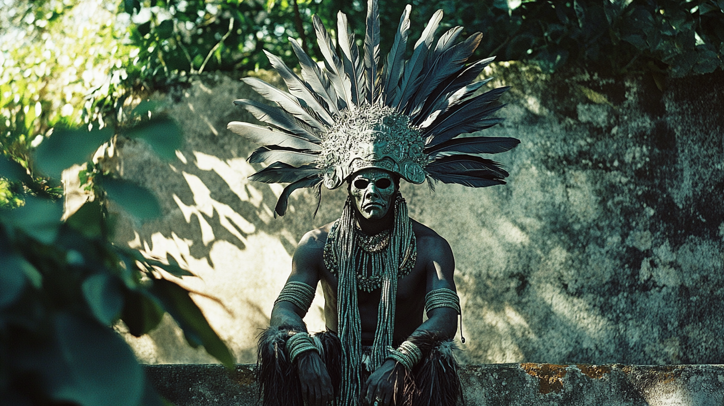 An elegant jade man with feather headdress.