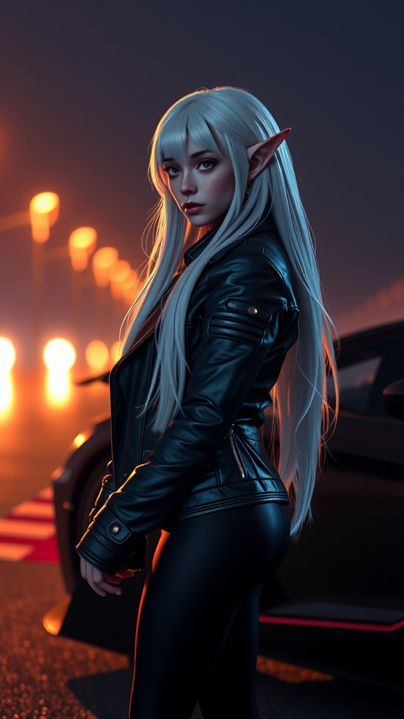 An elf girl with white hair by car.