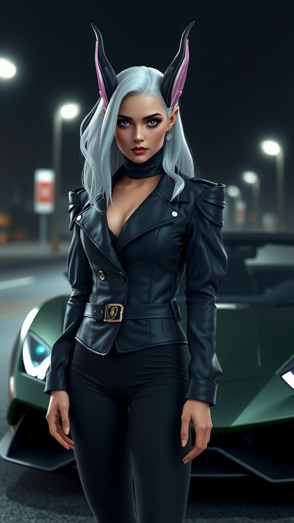 An elf girl with white hair near Lamborghini.