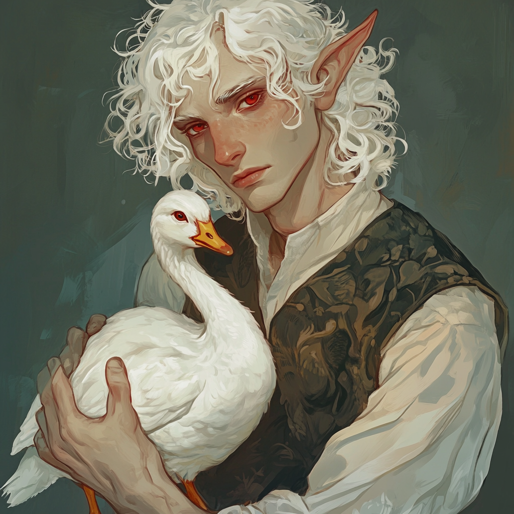 An elf with white hair holds annoyed goose.