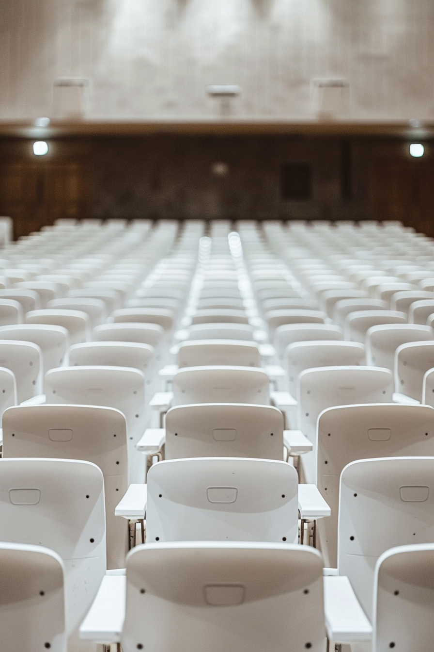 An empty, clean auditorium with rows of seats