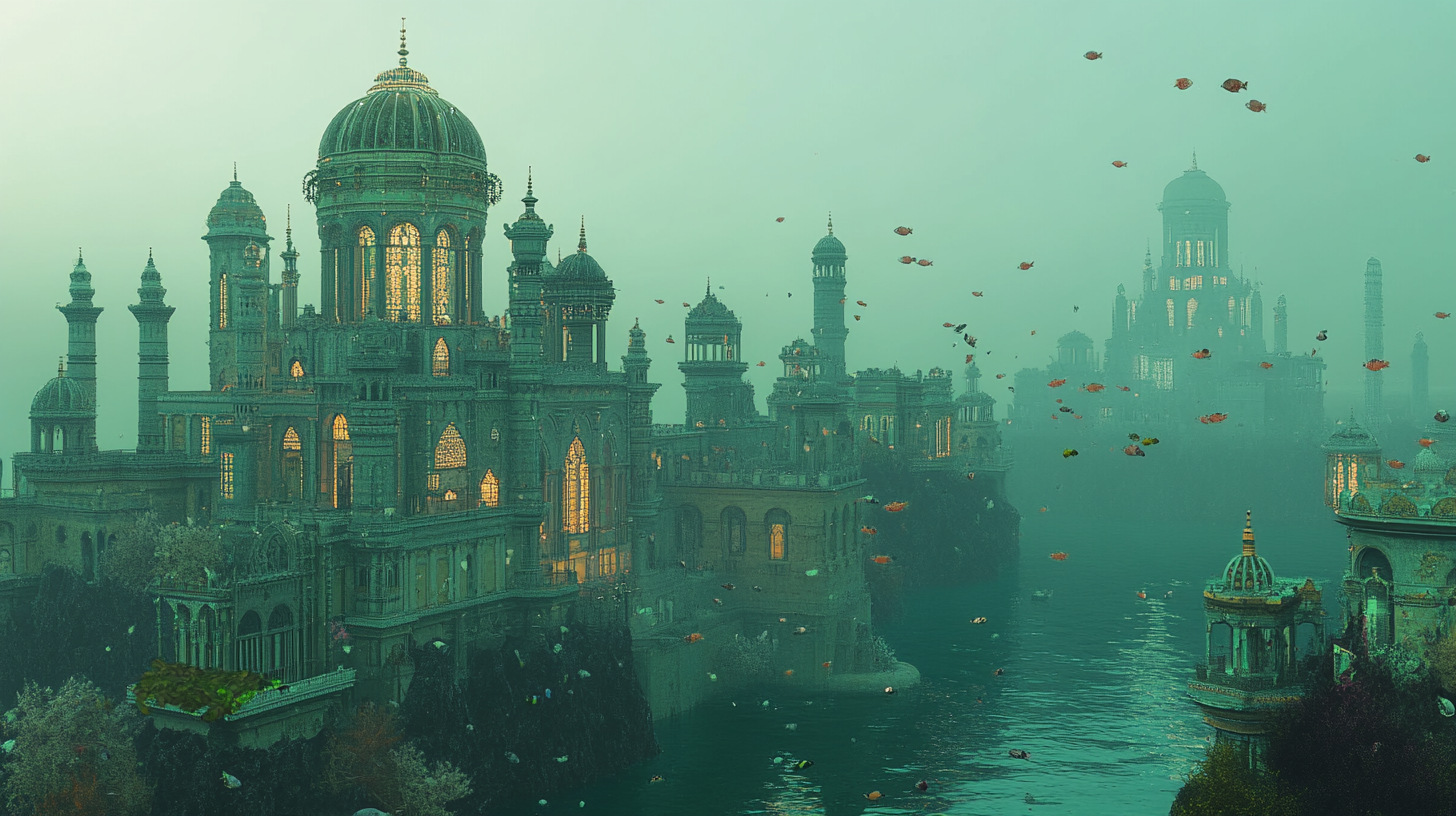 An enchanting underwater city with majestic structures