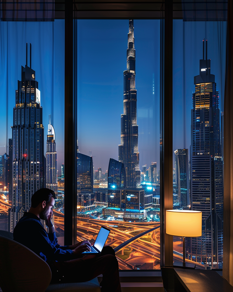 An entrepreneur working in luxurious Dubai hotel suite