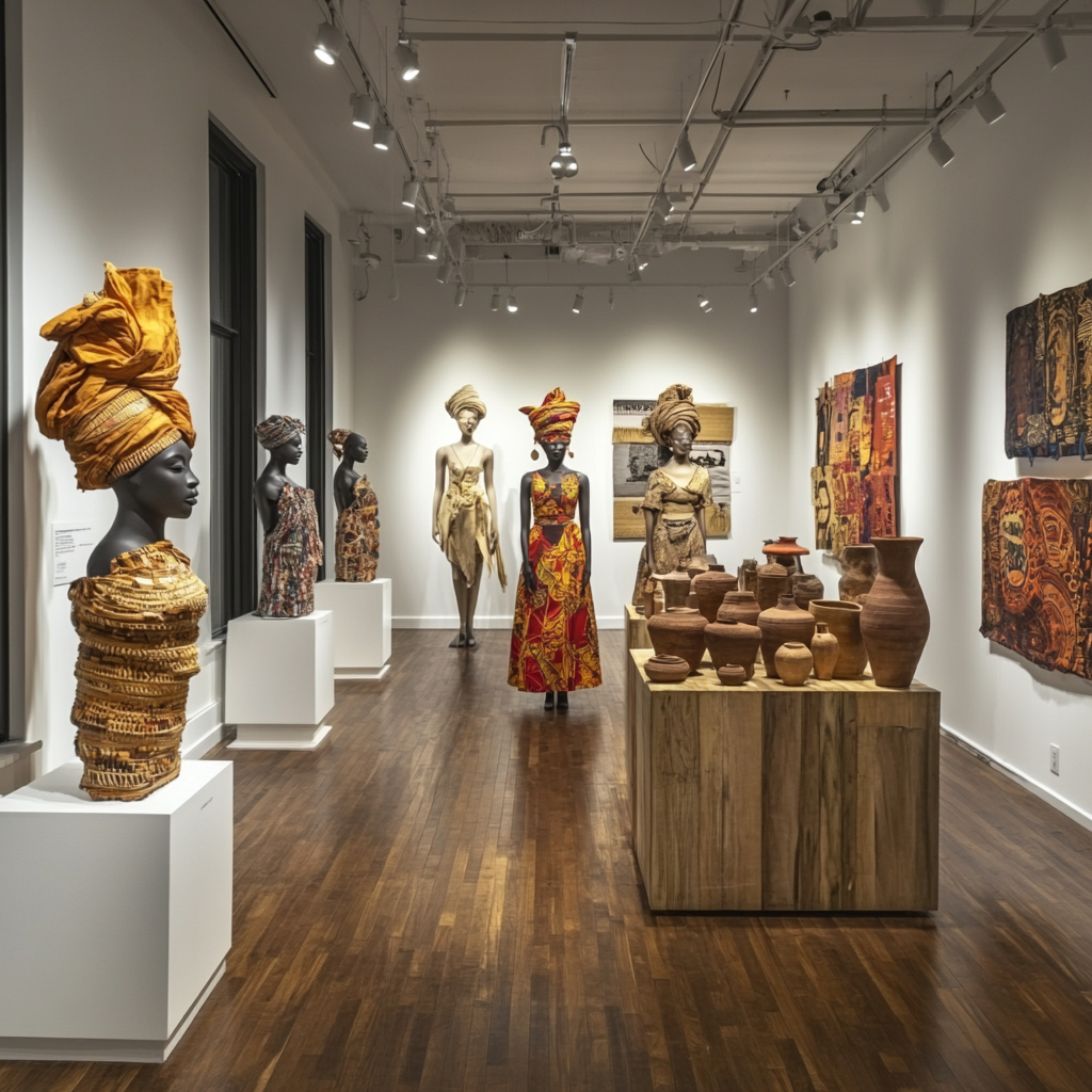 An evening event in a small gallery showcasing afro-asian fashion, art, and music.