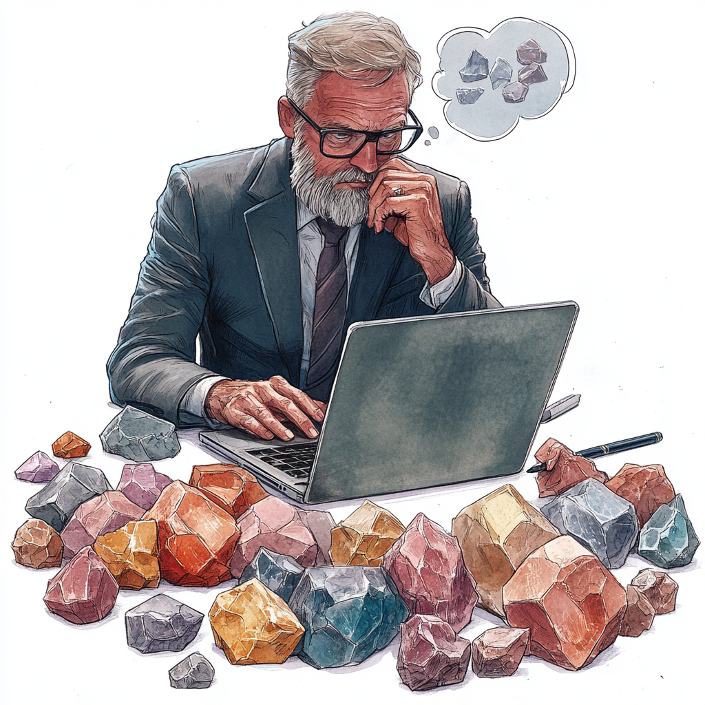 An executive in suit searches for minerals.