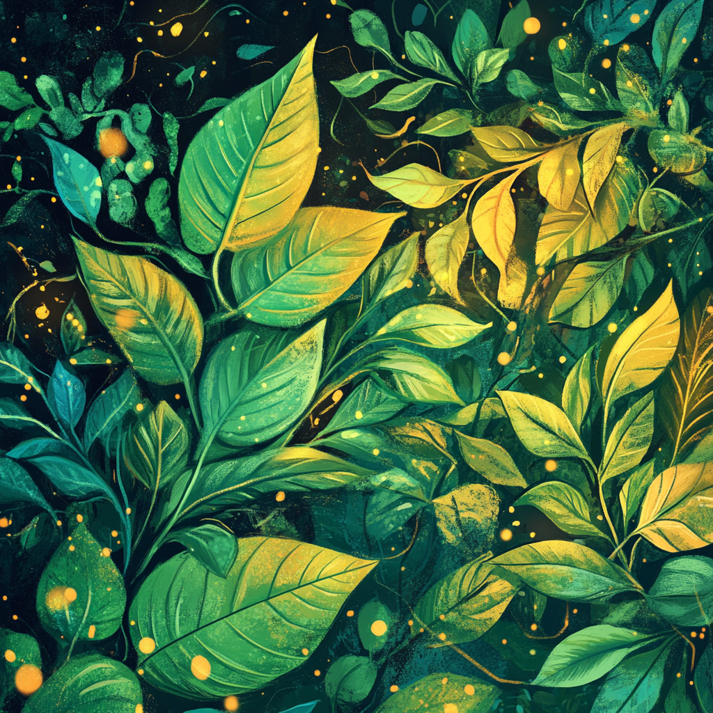 An illustration of vibrant green leaves in golden glow