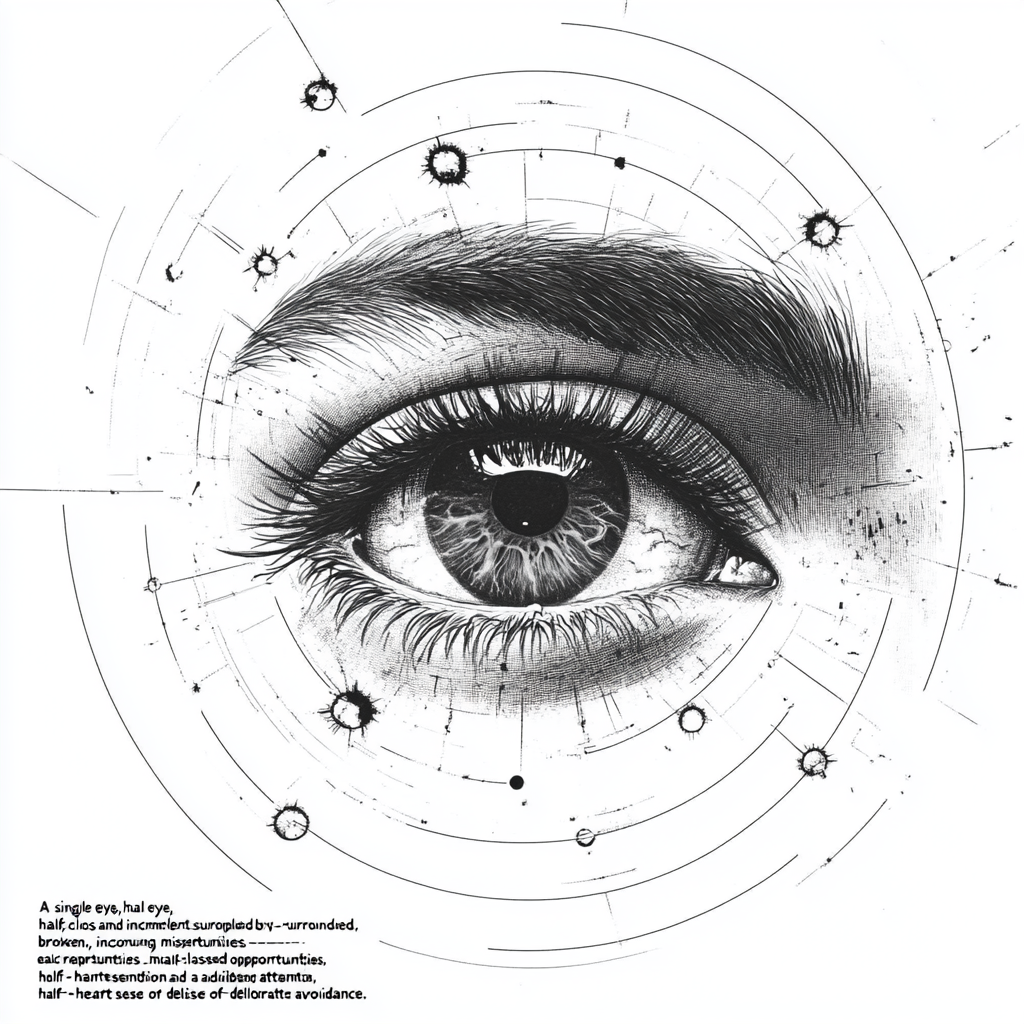 An indifferent eye surrounded by broken circles, missed opportunities.