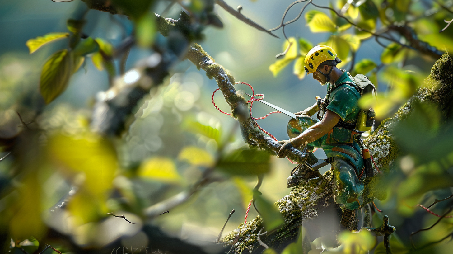 An industrial worker trims tree branches on a mountain.