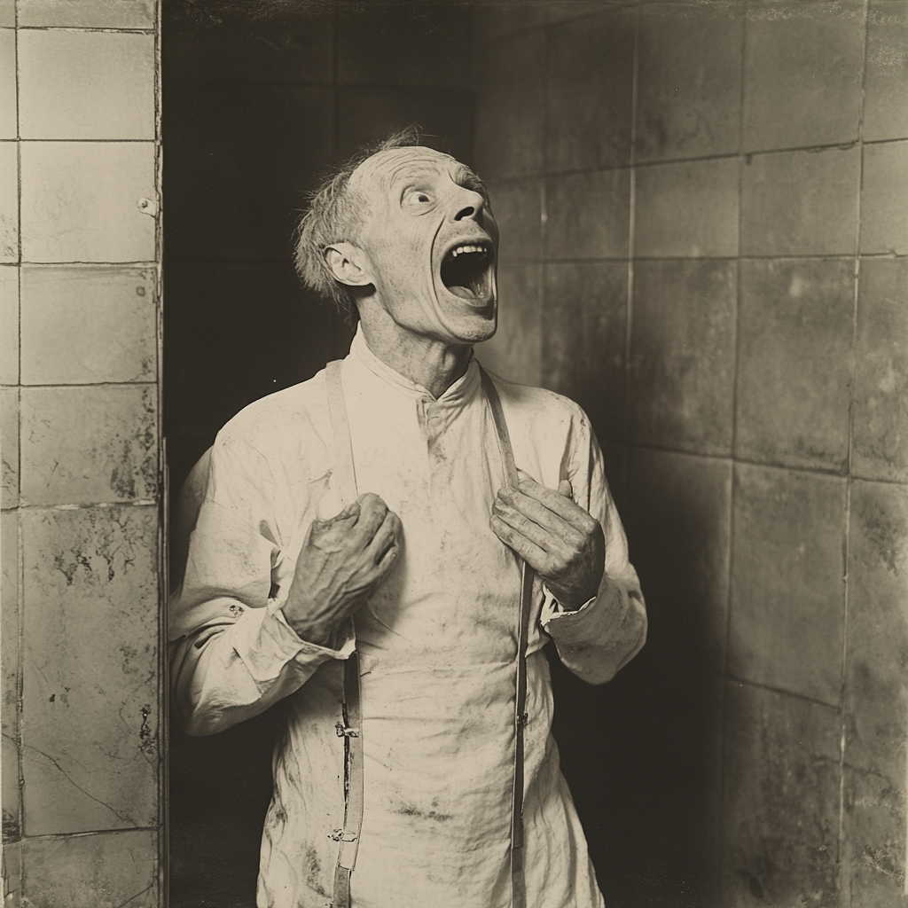 An insane man in straitjacket in 1920 portrait