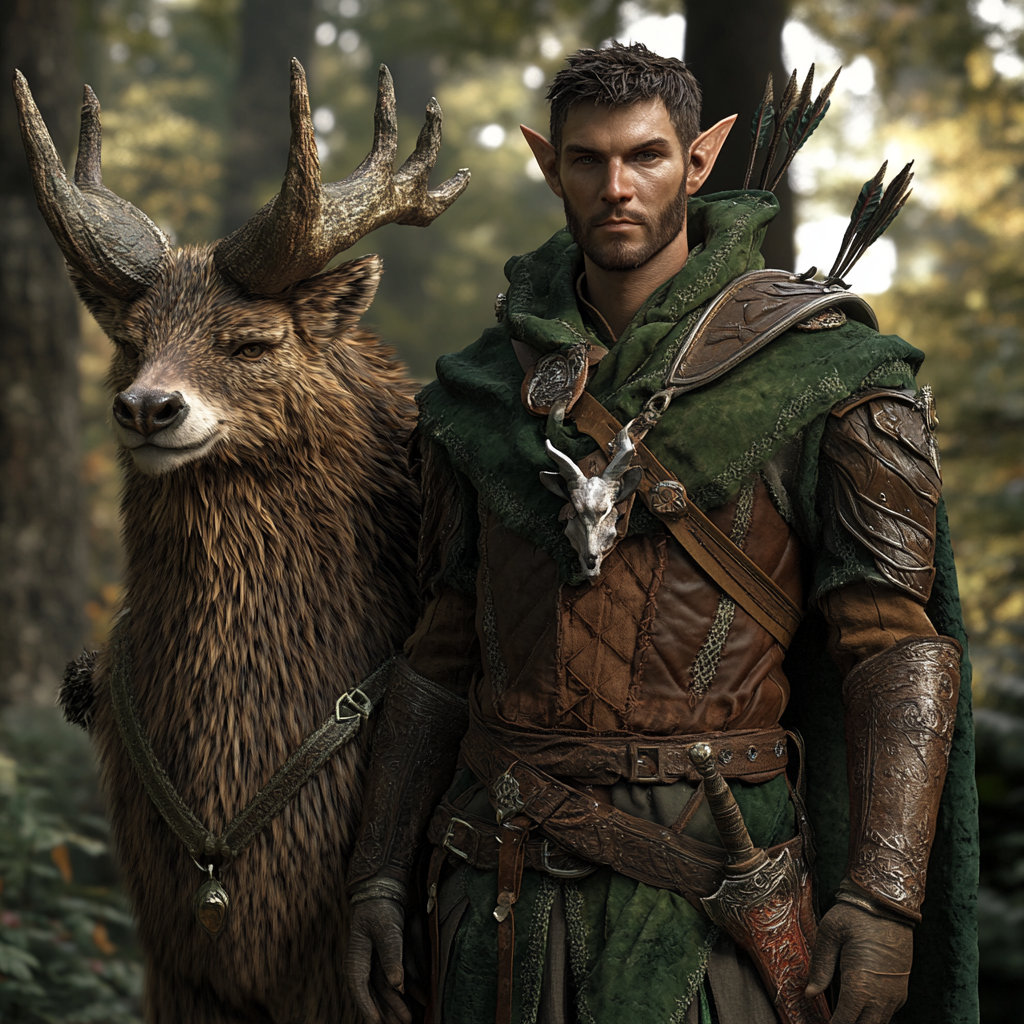 An intense male elf ranger and animal companion.