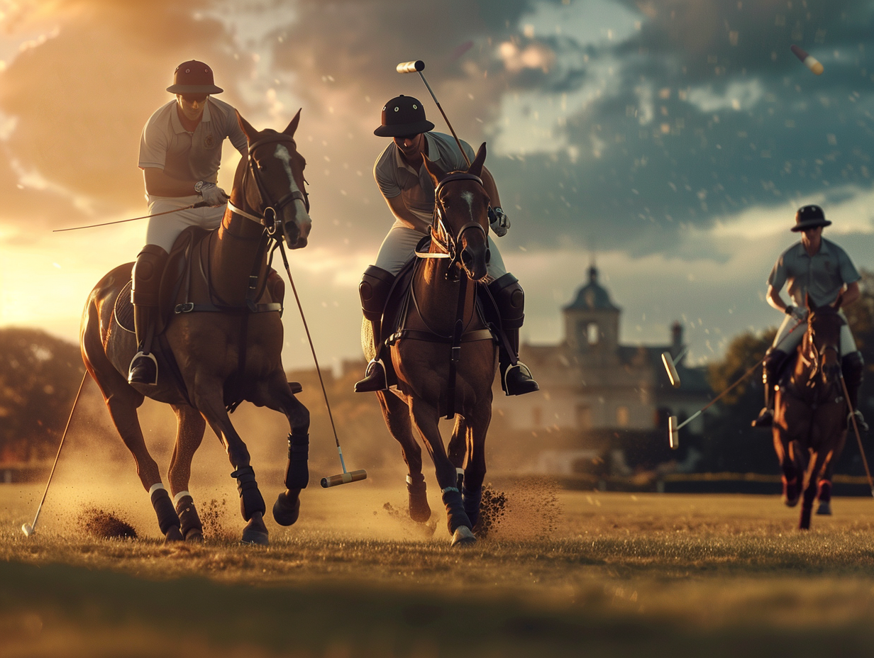 An intricate polo club advertisement with cinematic lighting