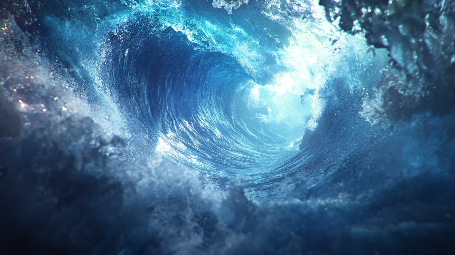 An ocean wave crashing with blue colors